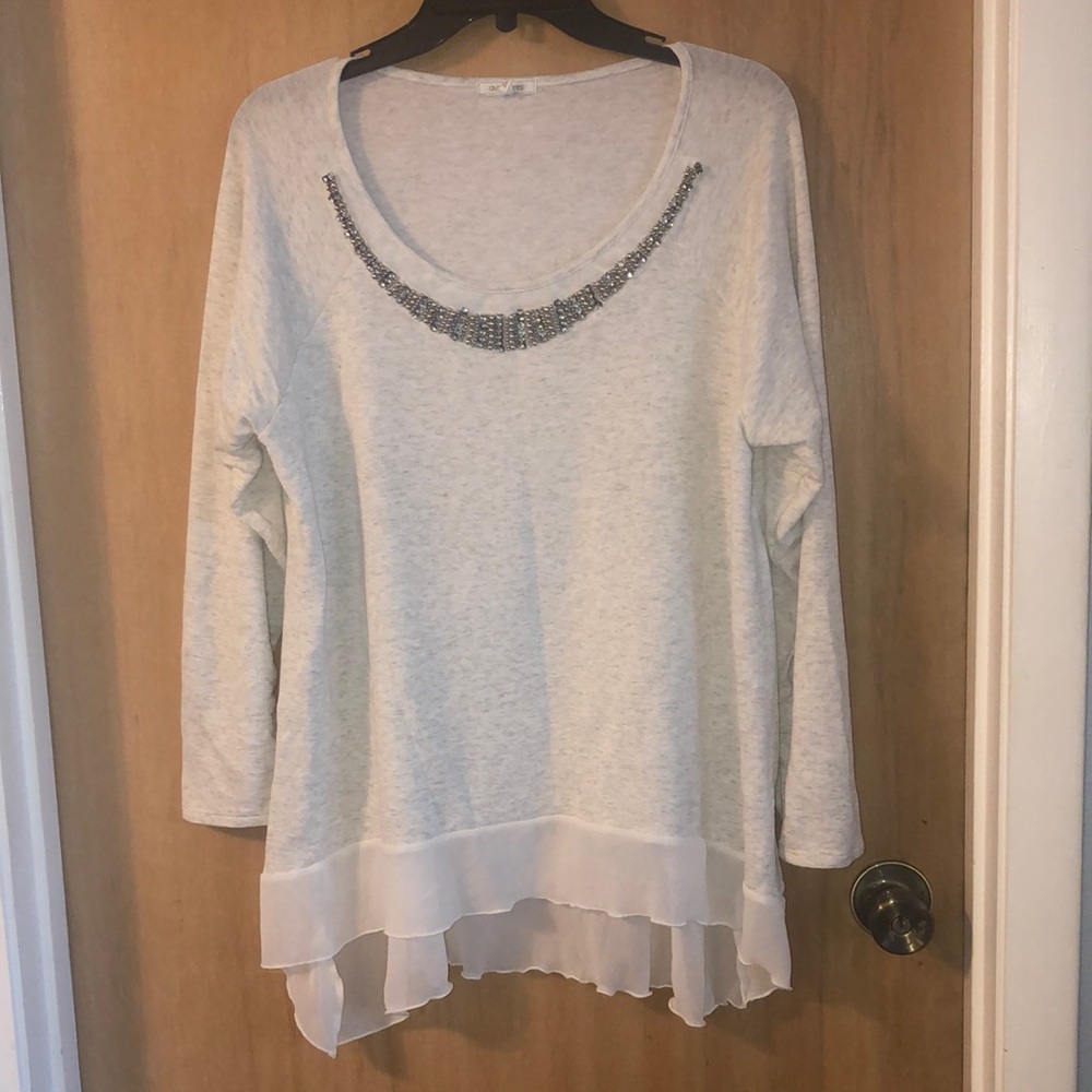 Ava Kames Dressy Top Sheer Hem Jeweled Collar Light Heathered Gray Size 2X